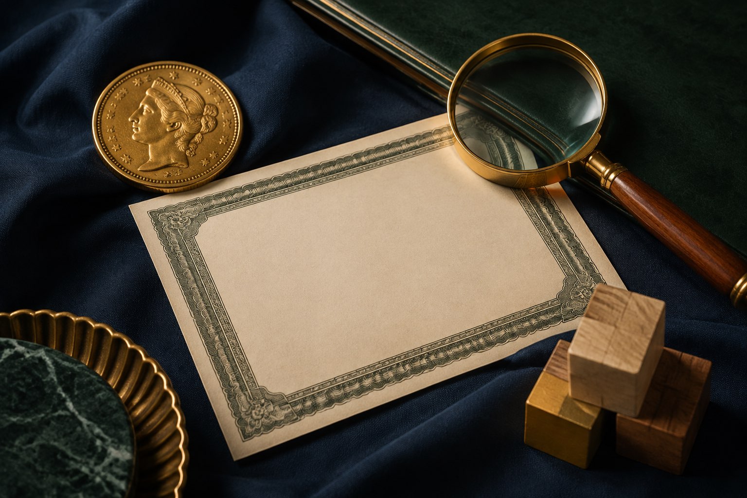 Study still life with a coin, magnifying glass and blank financial paper