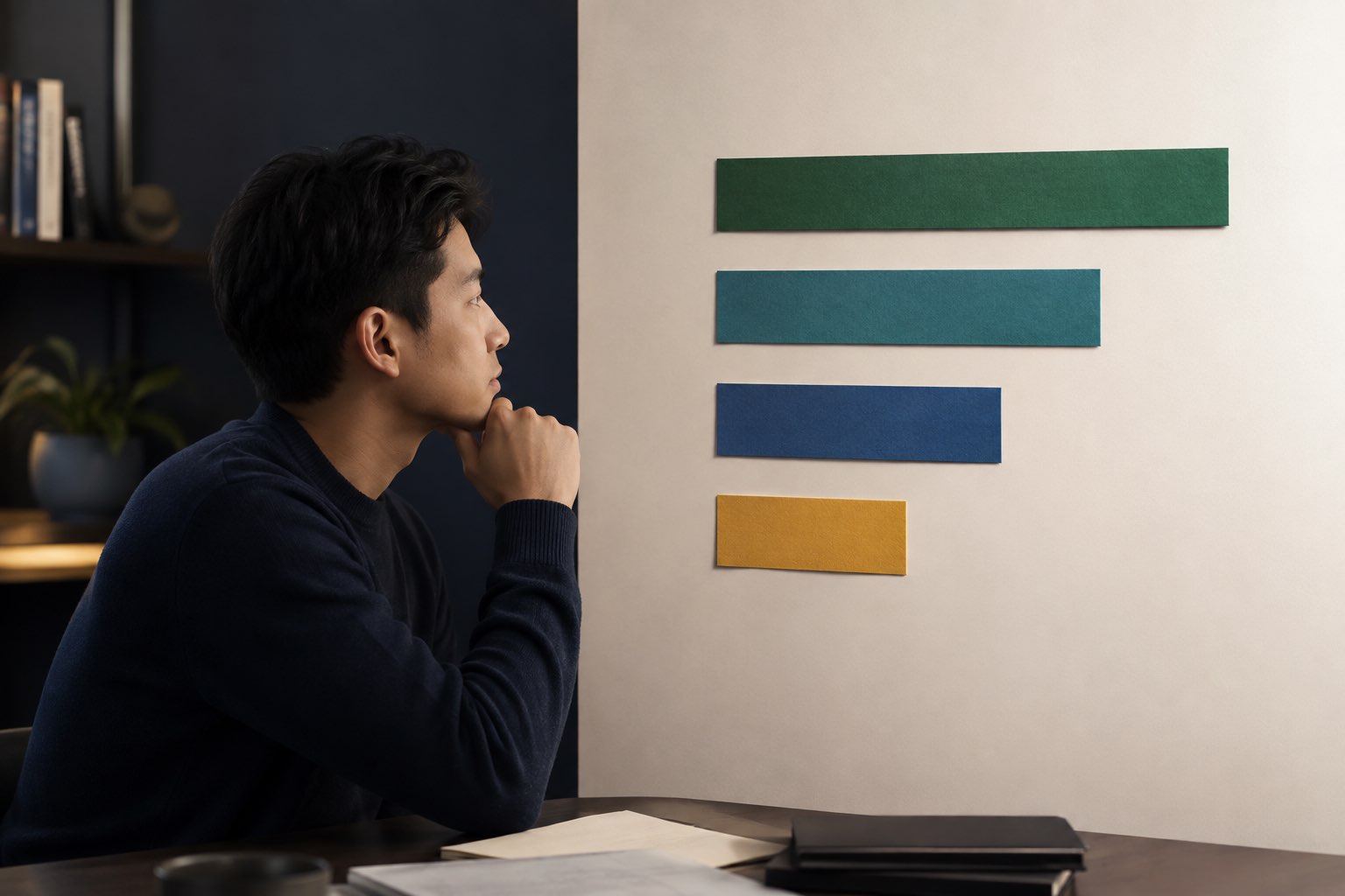 Candidate studying a wall of four abstract progress bars