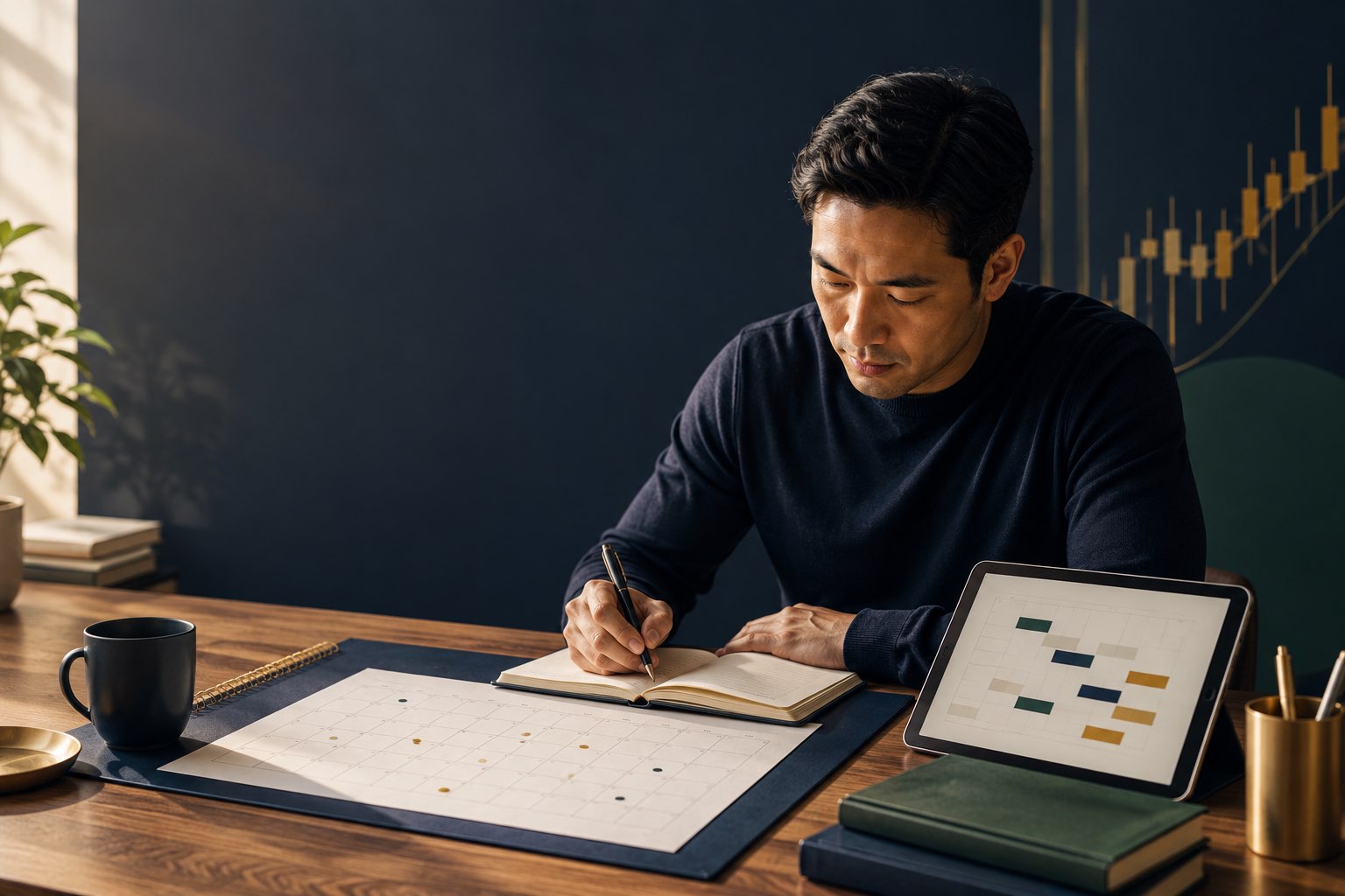 SIE exam candidate planning study time at a desk with a calendar and tablet
