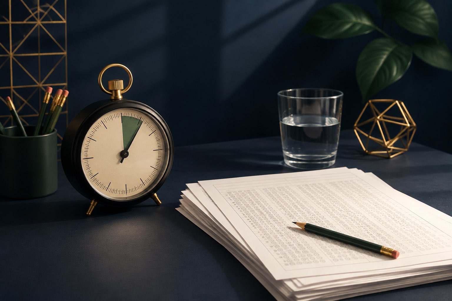 Timed exam desk with an analog timer, answer sheets and pencil