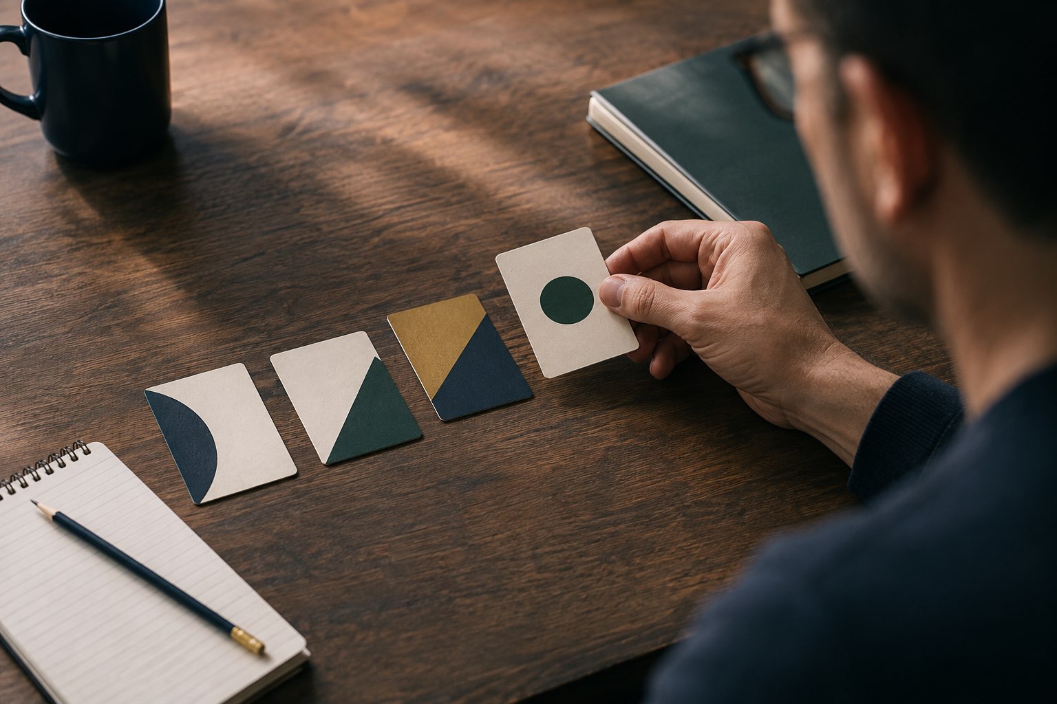 Learner comparing abstract answer cards while studying for a securities exam